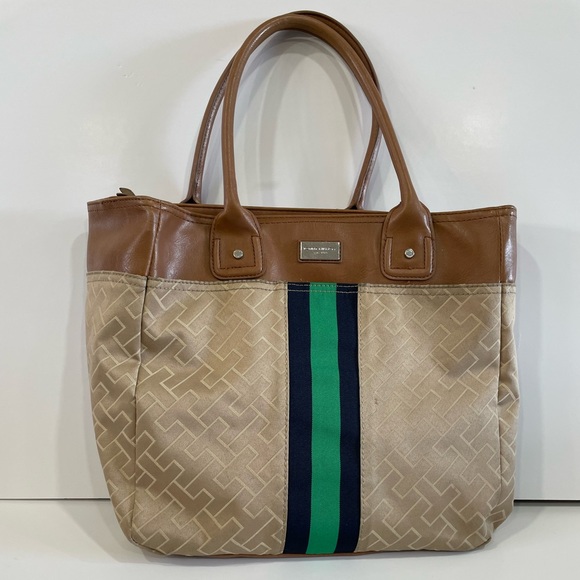 Tommy Hilfiger Handbags - Tommy Hilfiger Shoulder Bag Tote Leather w/ Monogram Print Green & Blue Stripe